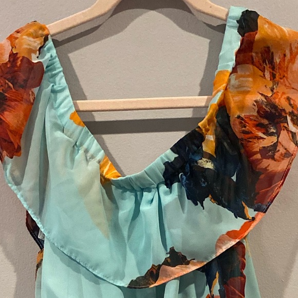 Size 6 Bisou Bisou Turquoise Floral Off Shoulder Maxi Dress - Picture 5 of 5